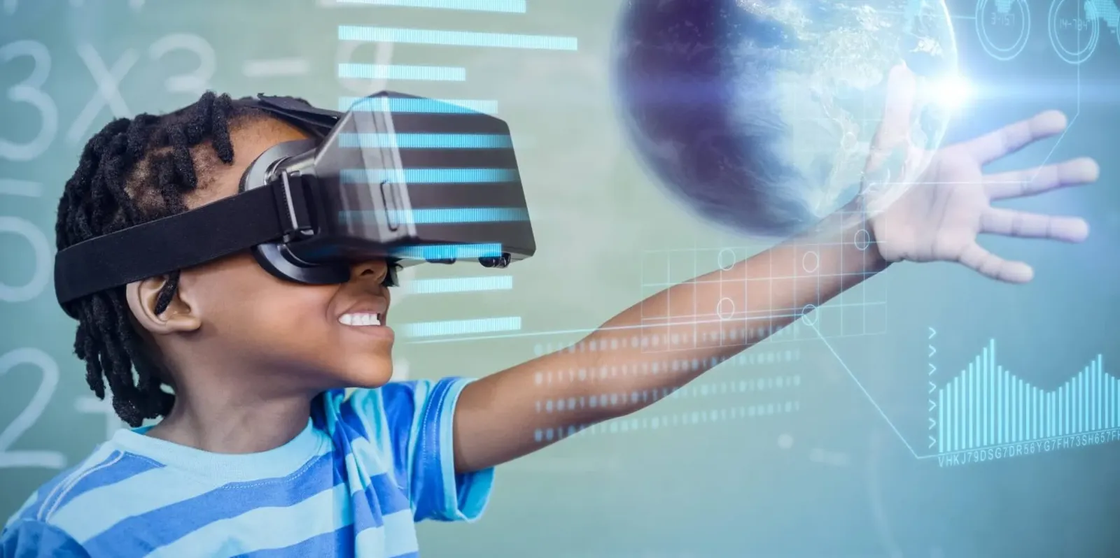 Students using immersive learning technology in a classroom